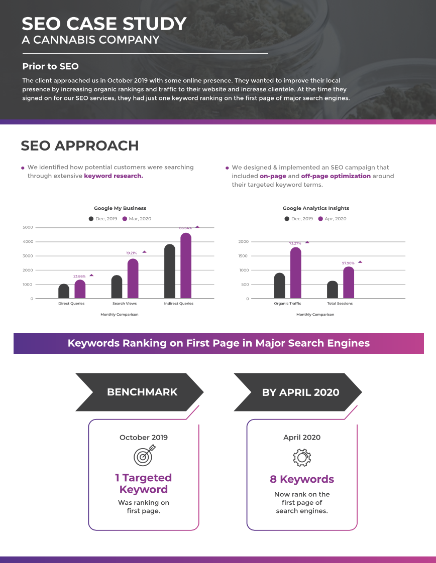 Image of a pdf case study report for a cannabis company and SEO results.